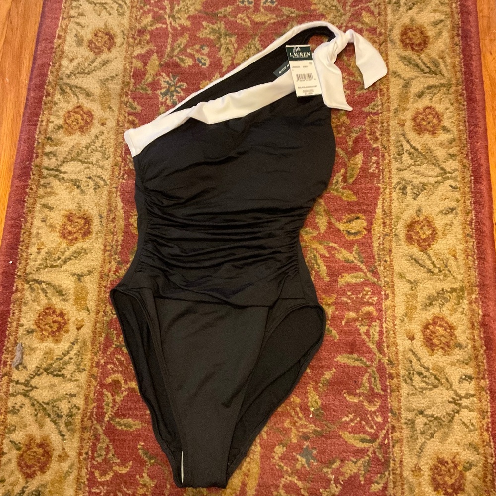 Ralph Lauren Slimming Fit One Shoulder One Piece Swimsuit Sz 4 black white FLAW